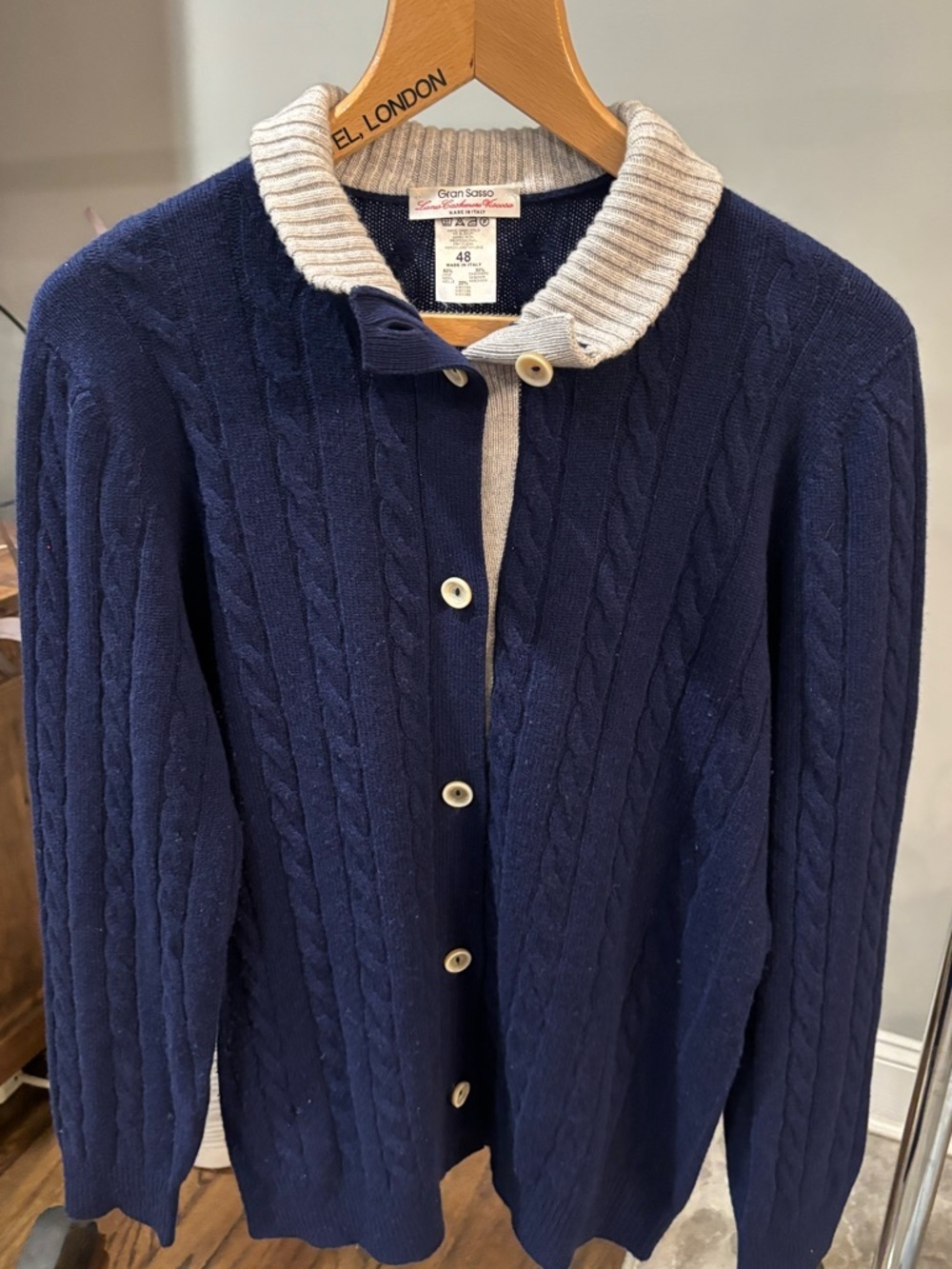 Gran Sasso Navy Cable Knit Cardigan with Cream Shawl Collar cashmere  size 12/L